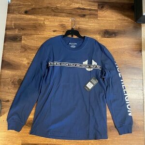 True Religion Navy Long Sleeve Tee with Chest Logo Tape